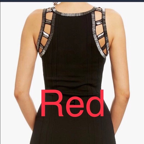 2 Bebe New Gorgeous Red Knit Dress with Cut-Out around Neckline w/ Jet Beading - Picture 3 of 9